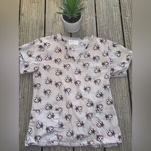 Women's Scrub Top, Gray Sugar Skull Design size Medium